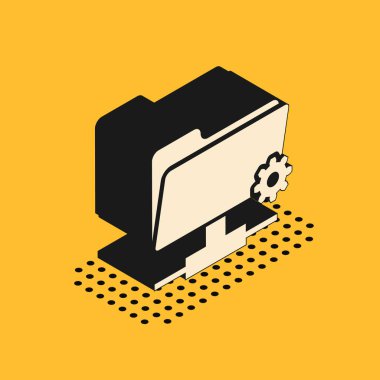 Isometric Ftp ayarları dizin simgesi sarı arkaplanda izole edildi. Yazılım güncellemesi, transfer protokolü, yönlendirici, takım çalışması araç yönetimi, kopyalama işlemi. Vektör İllüstrasyonu