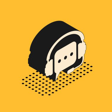 Sarı arka planda izole edilmiş konuşma balonu ikonlu Isometric Kulaklıklar. Müşteri hizmetleri, yardım hattı, çağrı merkezi, kılavuz, bakım. Vektör İllüstrasyonu