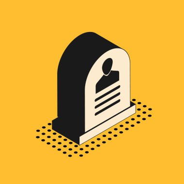 Üzerinde Rip yazan Isometric Tombstone simgesi sarı arkaplanda izole edilmiş. Mezar ikonu. Vektör İllüstrasyonu