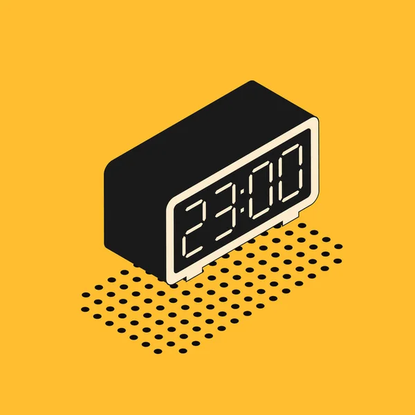 Icono del reloj despertador digital isométrico aislado sobre fondo amarillo. Reloj despertador electrónico. Icono de tiempo. Ilustración vectorial — Vector de stock