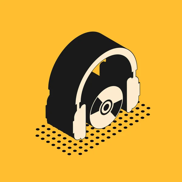 Isometric Headphones and CD or DVD icon isolated on yellow background. Earphone sign. Compact disk symbol. Vector Illustration — Stock Vector
