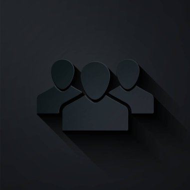 Kağıt kesme Kullanıcı grup simgesi siyah arkaplanda izole edildi. Bir grup insan ikonu. İş simgesi - kullanıcı profili simgesi. Kağıt sanatı tarzı. Vektör İllüstrasyonu