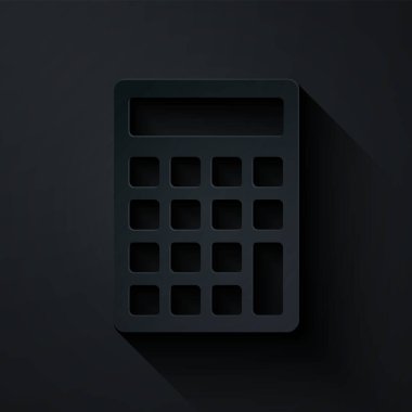 Kağıt kesiği Hesap Makinesi simgesi siyah arkaplanda izole edildi. Muhasebe sembolü. İş hesaplamaları matematik eğitimi ve finans. Kağıt sanatı tarzı. Vektör İllüstrasyonu