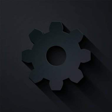 Kağıt kesiği Vites simgesi siyah arkaplanda izole edildi. Çarklı teçhizat ayarları. İşçi sembolü. Kağıt sanatı tarzı. Vektör İllüstrasyonu