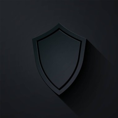 Kağıt kesiği Shield simgesi siyah arkaplanda izole edildi. Gardiyan. Kağıt sanatı tarzı. Vektör İllüstrasyonu