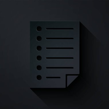 Kağıt kesiği Belge simgesi siyah arkaplanda izole edildi. Dosya simgesi. Kontrol listesi simgesi. İş konsepti. Kağıt sanatı tarzı. Vektör İllüstrasyonu