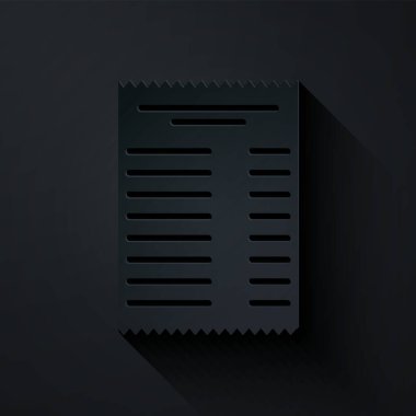 Kağıt kesiği çek ve mali kontrol simgesi siyah arka planda izole edildi. Kağıt baskı çeki, makbuz ya da fatura. Kağıt sanatı tarzı. Vektör İllüstrasyonu