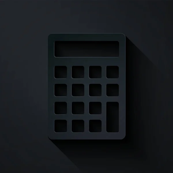 Паперовий виріз Піктограма калькулятора ізольовано на чорному тлі. Бухгалтерський символ. Бізнес розрахунки математика освіта та фінанси. Стиль паперового мистецтва. Векторна ілюстрація — стоковий вектор