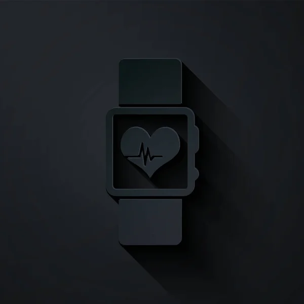 Паперовий виріз Смарт-годинник, який показує піктограму частоти серцевих скорочень ізольовано на чорному тлі. Концепція додатку для фітнесу. Стиль паперового мистецтва. Векторна ілюстрація — стоковий вектор