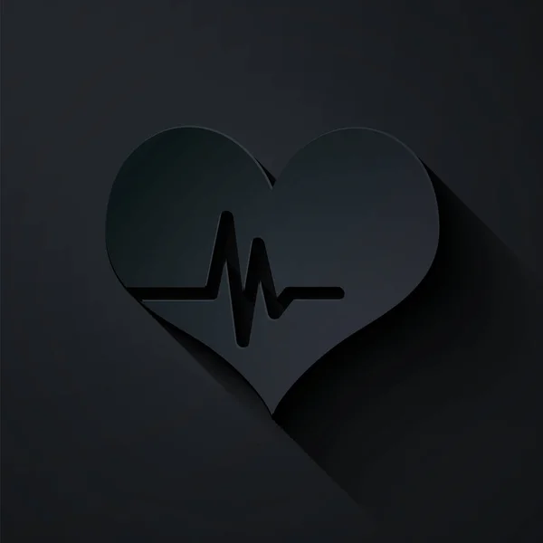Icona della frequenza cardiaca isolata su sfondo nero. Segno di battito cardiaco. Icona del polso cardiaco. Icona del cardiogramma. Stile cartaceo. Illustrazione vettoriale — Vettoriale Stock