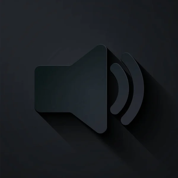 Taglio carta icona del volume altoparlante - simbolo audio del suono vocale, icona della musica multimediale isolata su sfondo nero. Stile cartaceo. Illustrazione vettoriale — Vettoriale Stock