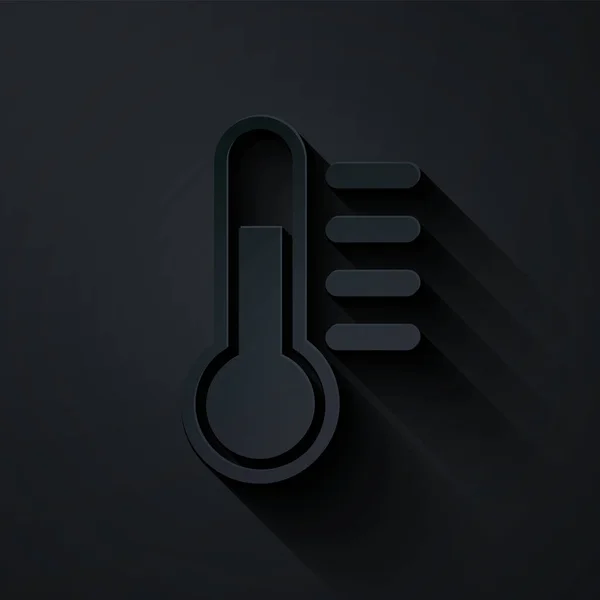 Corte de papel Icono de termómetro aislado sobre fondo negro. Estilo de arte de papel. Ilustración vectorial — Vector de stock