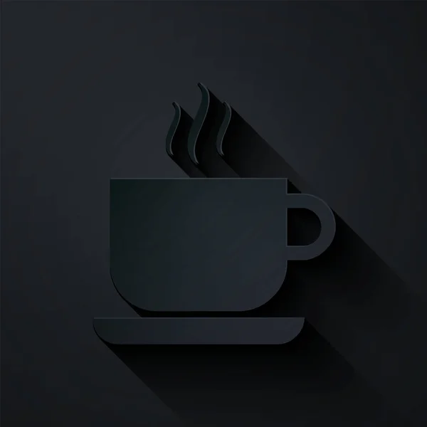 Papiergeschnittene Kaffeetasse Symbol isoliert auf schwarzem Hintergrund. Teetasse vorhanden. Heißes Getränk Kaffee. Papierkunst. Vektorillustration — Stockvektor