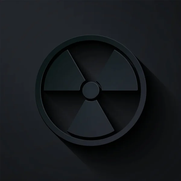 Carta tagliata icona radioattiva isolata su sfondo nero. Simbolo tossico radioattivo. Segnale di pericolo radioattivo. Stile cartaceo. Illustrazione vettoriale — Vettoriale Stock