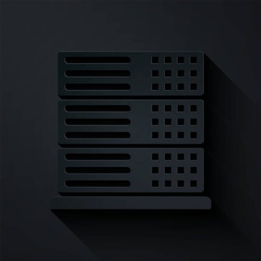 Kağıt kesme Sunucusu, Data, Web sunucu simgesi siyah arkaplanda izole edildi. Kağıt sanatı tarzı. Vektör İllüstrasyonu