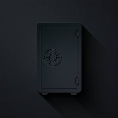 Kağıt kesiği Siyah zemin üzerinde güvenli simge izole. Kapı, şifreli bir banka kasası. Güvenilir Veri Koruma. Kağıt sanatı tarzı. Vektör İllüstrasyonu