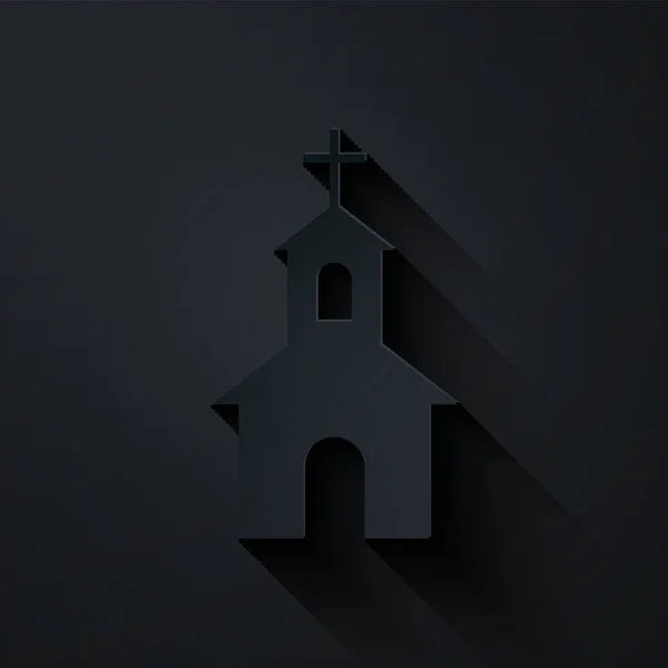Pappersklipp kyrka byggnad ikon isolerad på svart bakgrund. Kristna kyrkan. Kyrkans religion. Papperskonst. Vektor Illustration — Stock vektor
