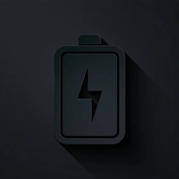 Papír řez Baterie ikona izolované na černém pozadí. Symbol blesku. Papírový styl. Vektorová ilustrace — Stockový vektor