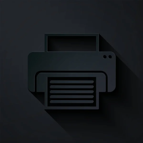 Řez papíru Ikona tiskárny izolovaná na černém pozadí. Papírový styl. Vektorová ilustrace — Stockový vektor