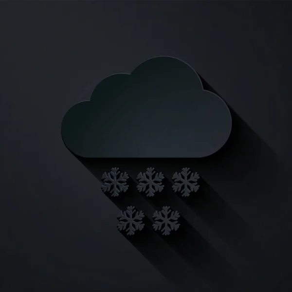 Nube de papel con icono de nieve aislado sobre fondo negro. Nube con copos de nieve. Icono de tiempo único. Signo de niebla. Estilo de arte de papel. Ilustración vectorial — Archivo Imágenes Vectoriales