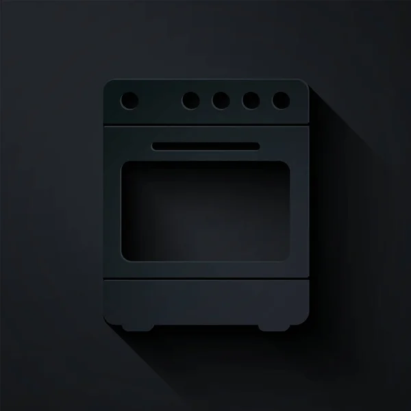 Papírvágó sütő ikon elszigetelt fekete háttérrel. Tűzhely gázsütő tábla. Papírművészeti stílus. Vektorillusztráció — Stock Vector