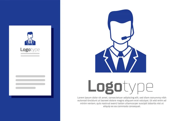 Hombre azul con un icono de auricular aislado sobre fondo blanco. Operador de soporte en contacto. Concepto para call center, servicio de atención al cliente. Elemento de plantilla de diseño de logotipo. Ilustración vectorial — Vector de stock