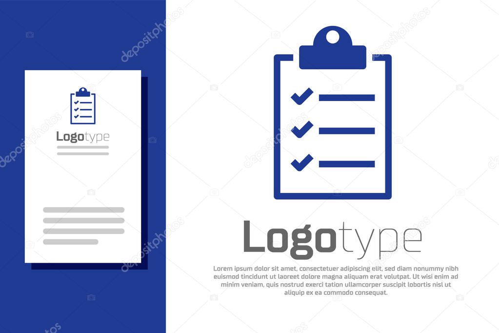 Blue Clipboard with checklist icon isolated on white background. Logo design template element. Vector Illustration