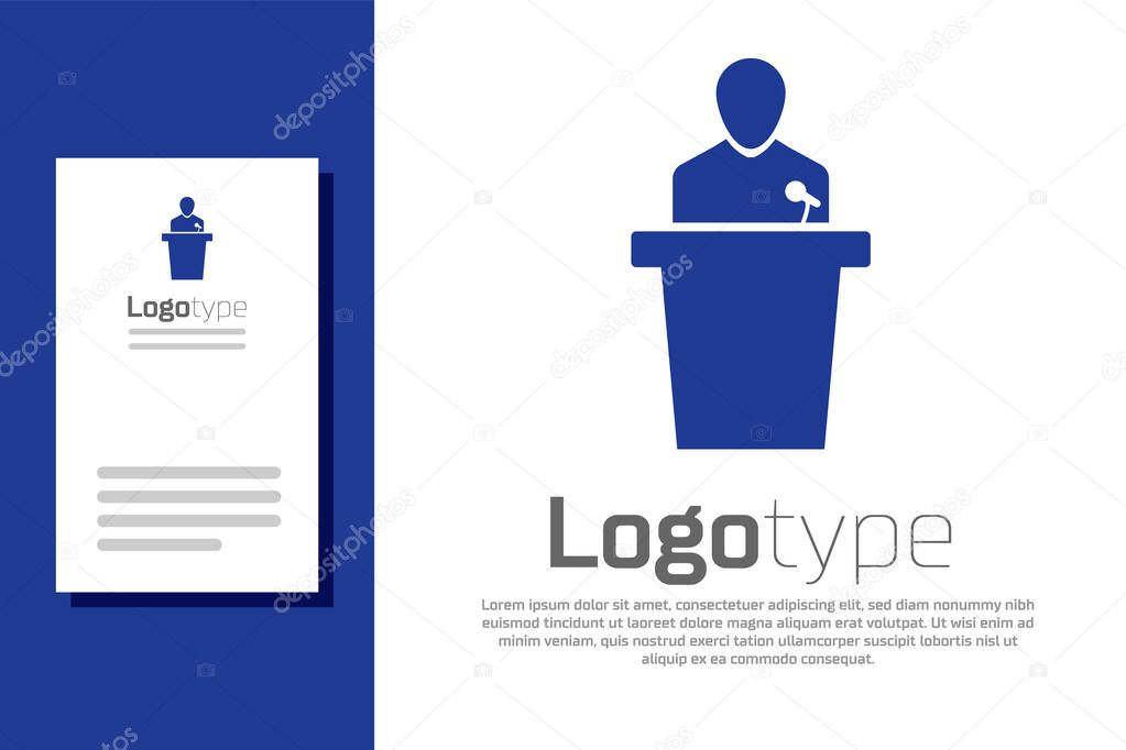 Blue Speaker icon isolated on white background. Orator speaking from tribune. Public speech. Person on podium. Logo design template element. Vector Illustration