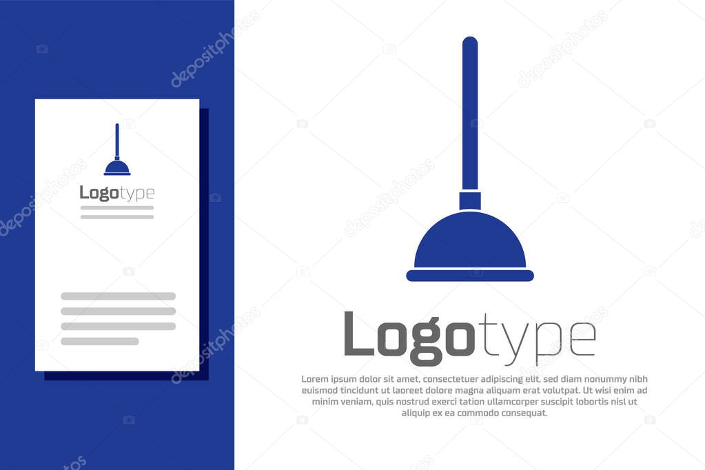 Blue Rubber plunger with wooden handle for pipe cleaning icon isolated on white background. Toilet plunger. Logo design template element. Vector Illustration