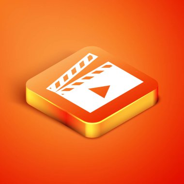 Isometric Film alkışlama simgesi turuncu arkaplanda izole edildi. Film alkışlama tahtası. Alkış tahtası işareti. Sinema yapımı veya medya endüstrisi konsepti. Vektör İllüstrasyonu