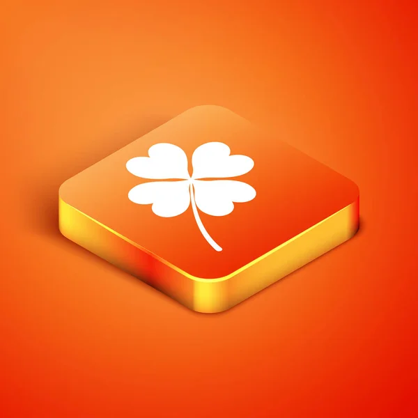 Isometric Four leaf clover icon isolated on orange background. Happy Saint Patrick day. Vector Illustration