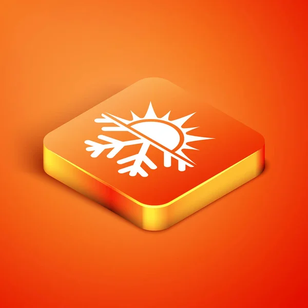 Isometrische Warm en koud symbool. Zon en sneeuwvlok pictogram geïsoleerd op oranje achtergrond. Winter en zomer symbool. Vector Illustratie — Stockvector