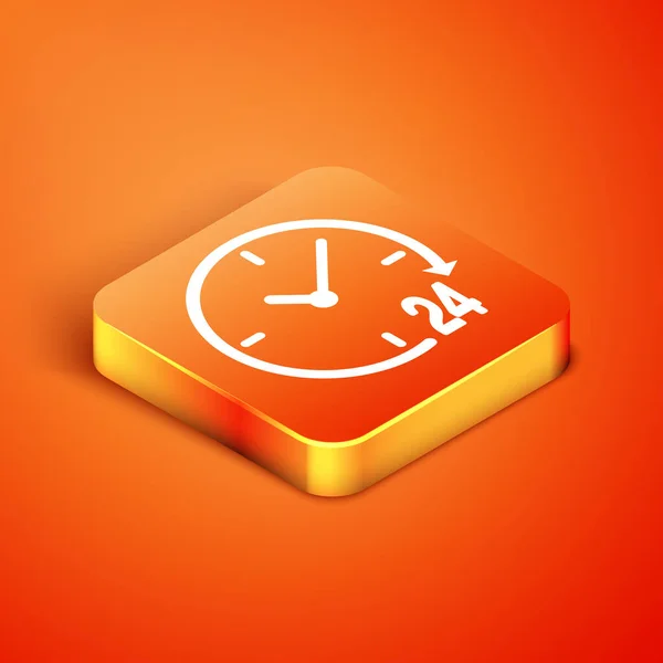 Reloj isométrico 24 horas icono aislado sobre fondo naranja. Todo el día icono cíclico. Símbolo de servicio 24 horas. Ilustración vectorial — Vector de stock