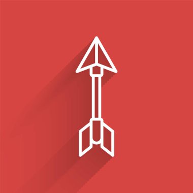 Beyaz çizgi Hipster ok simgesi uzun gölgeli izole edilmiş. Vektör İllüstrasyonu