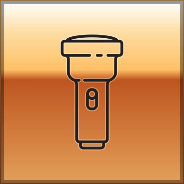 Altın arka planda siyah çizgi el feneri simgesi izole edildi. Vektör İllüstrasyonu