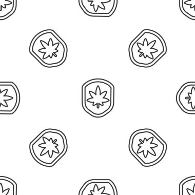 Gri çizgi kalkanı ve marihuana ya da kenevir yaprağı ikonu beyaz arka planda izole edilmiş pürüzsüz desen. Marihuanayı yasallaştırma. Kenevir sembolü. Vektör İllüstrasyonu