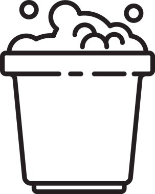 Beyaz zemin üzerinde sabun köpüğü simgesi olan siyah çizgi kovası. Sulu kase. Çamaşır yıkama, temizlik malzemeleri. Vektör İllüstrasyonu