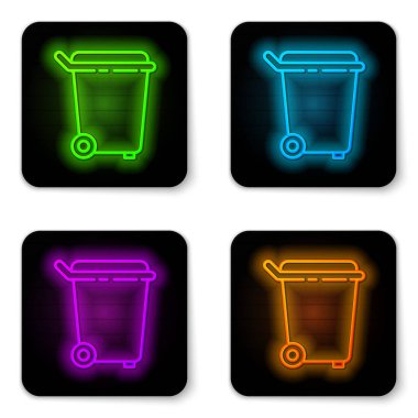 Parlayan neon hattı Çöp kutusu simgesi beyaz arkaplanda izole edildi. Çöp kutusu tabelası. Sepet simgesini geri dönüştür. Ofis çöpü ikonu. Siyah kare düğme. Vektör İllüstrasyonu
