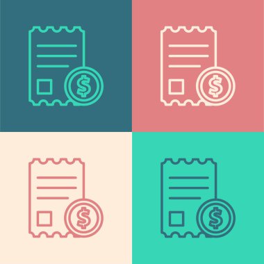 Pop Art Line Kağıt Kontrolü ve finansal kontrol simgesi renkli arkaplanda izole edildi. Kağıt baskı çeki, makbuz ya da fatura. Vektör İllüstrasyonu