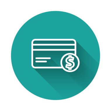Beyaz çizgi kredi kartı ve dolar sembolü uzun gölgeli izole edilmiş. Çevrimiçi ödeme. Nakit çekilmesi. Finansal operasyonlar. Yeşil daire düğmesi. Vektör İllüstrasyonu