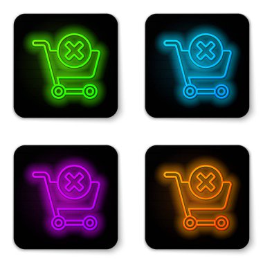 Parlayan neon hattı beyaz arkaplanda izole edilmiş alışveriş arabası simgesini kaldır. İnternetten satın alma konsepti. Teslimat servisi. Süpermarket sepeti ve X işareti. Siyah kare düğme. Vektör İllüstrasyonu