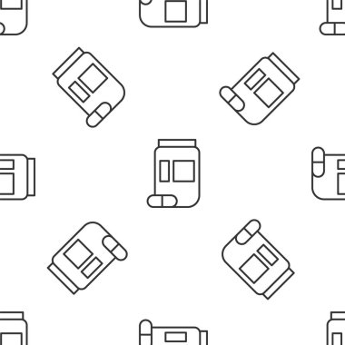 Gri çizgi ilaç şişesi ve ilaç ikonu beyaz arka planda izole edilmiş kusursuz desen. Şişe hapı işareti. Eczane tasarımı. Vektör İllüstrasyonu