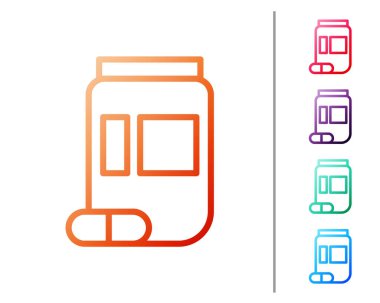 Kırmızı çizgi ilaç şişesi ve beyaz arka planda izole edilmiş ilaç ikonu. Şişe hapı işareti. Eczane tasarımı. Renk simgelerini ayarla. Vektör İllüstrasyonu