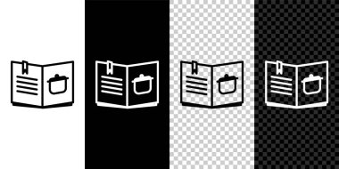 Çizgi kitabı simgesini siyah ve beyaz arkaplanda izole et. Yemek kitabı ikonu. Yemek tarifi kitabı. Çatal ve bıçak ikonları. Çatal bıçak sembolü. Vektör İllüstrasyonu