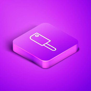Isometric line Meat chopper icon isolated on purple background. Kitchen knife for meat. Butcher knife. Purple square button. Vector Illustration