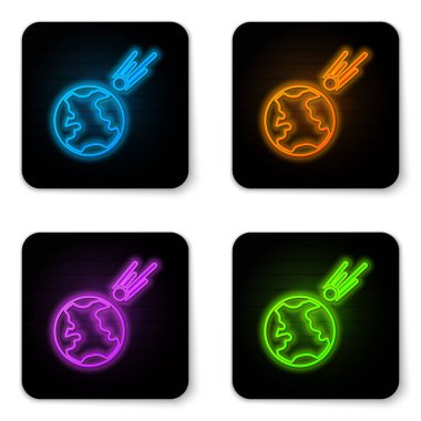 Parlayan neon kuyrukluyıldız beyaz arkaplanda izole edilmiş bir şekilde hızla düşüyor. Siyah kare düğme. Vektör İllüstrasyonu