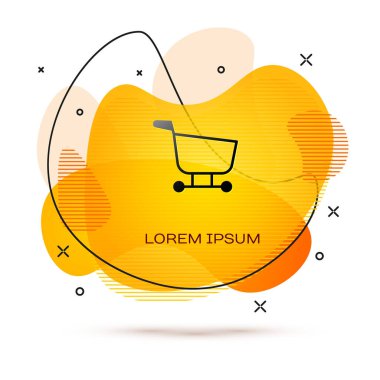 Siyah alışveriş arabası simgesi beyaz arkaplanda izole edilmiş. Yiyecek dükkanı, süpermarket. Sıvı şekilli soyut pankart. Vektör İllüstrasyonu
