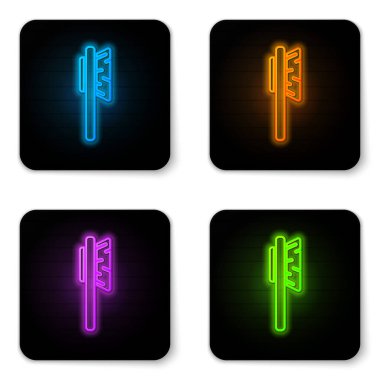 Parlayan neon saç fırçası simgesi beyaz arkaplanda izole edildi. Taraklı saç işareti. Berber sembolü. Siyah kare düğme. Vektör İllüstrasyonu