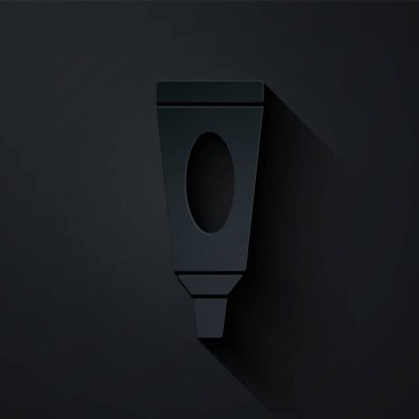 Kağıt kesiği kremi ya da losyon kozmetik tüp simgesi siyah arka planda izole edilmiş. Erkekler için vücut bakım ürünleri. Kağıt sanatı tarzı. Vektör İllüstrasyonu