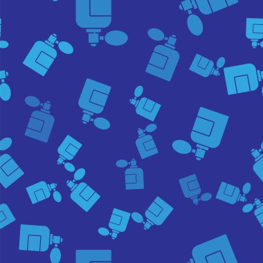 Mavi traş losyonu şişesi. Atom ikonu, mavi arka planda izole edilmiş pürüzsüz desen. Parfüm spreyi ikonu. Erkek parfüm şişesi. Vektör İllüstrasyonu